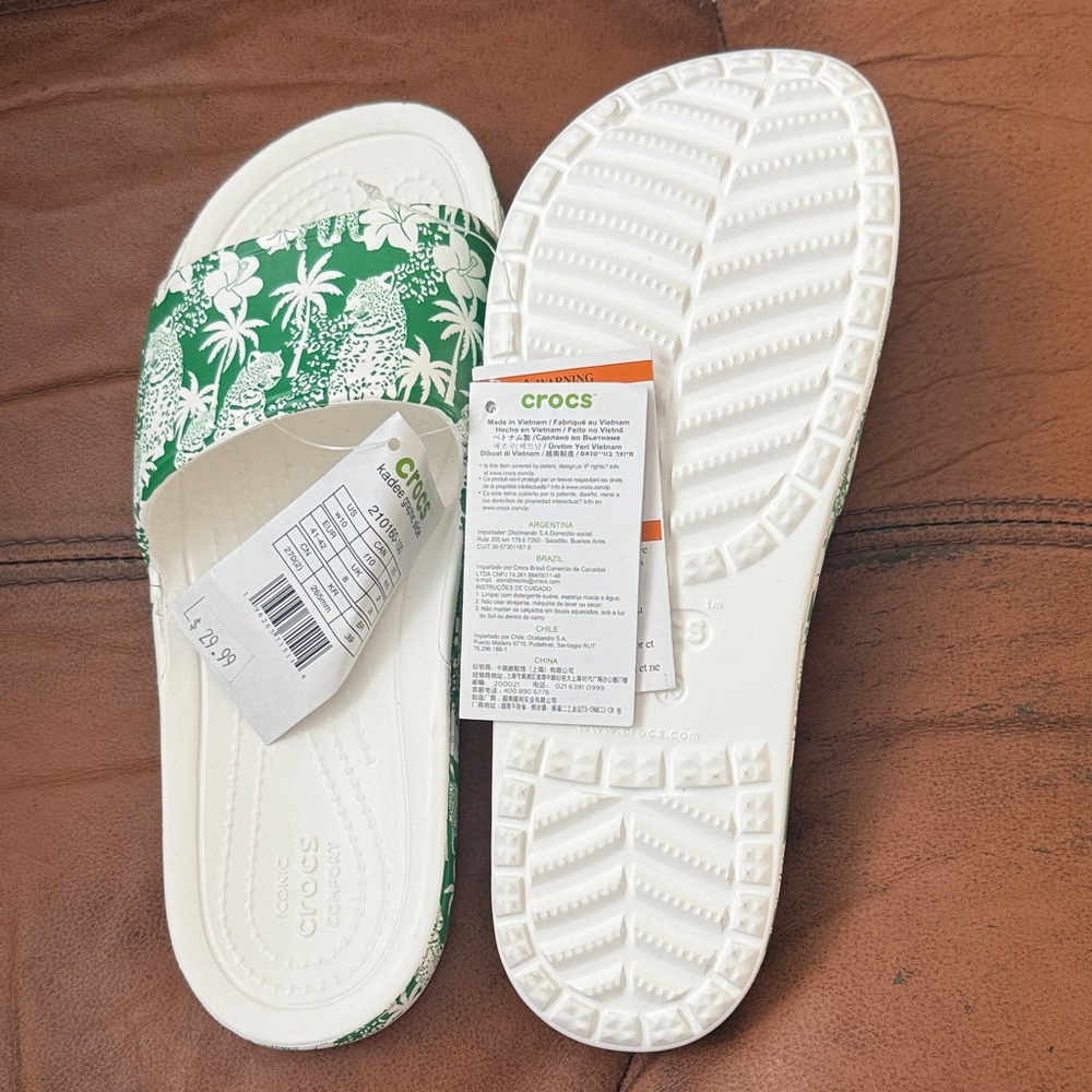 CROCS Tropical Green and White Slides